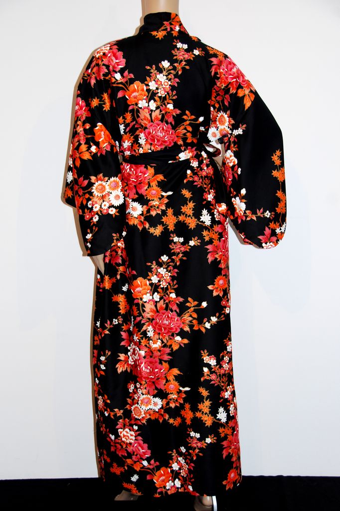 Kimono - Damen- Schwarz Pfingstrosen & Kirschblüten