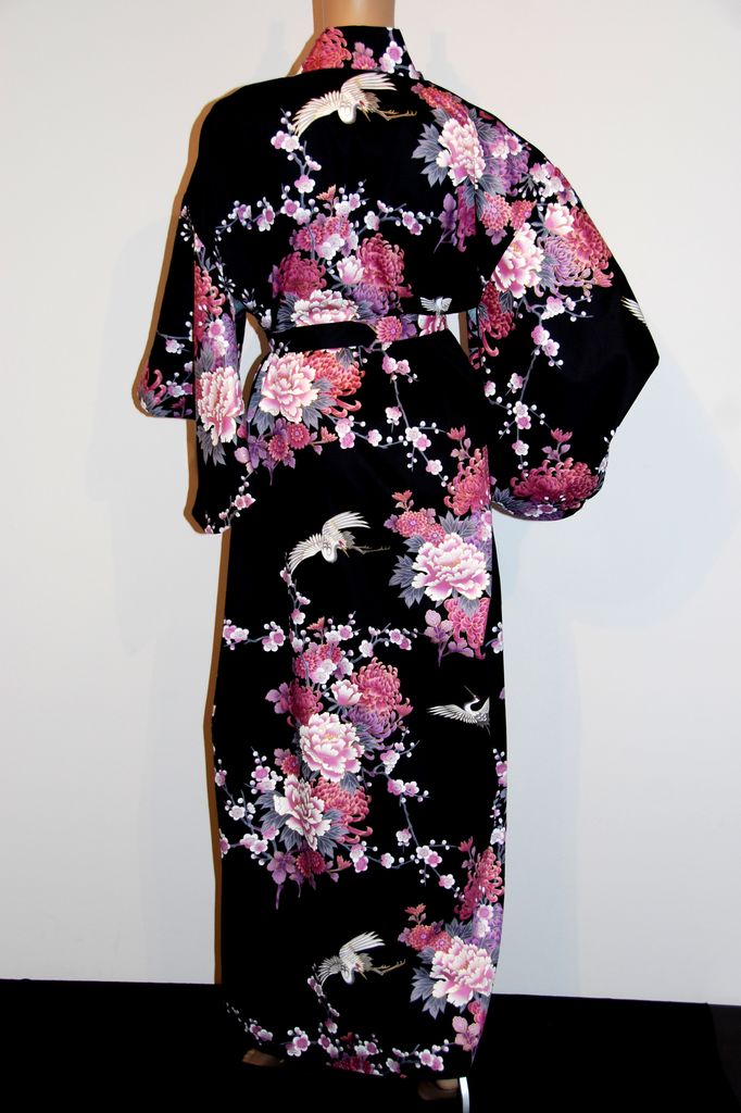 Kimono - Damen- Schwarz Kranich & Pfingstrose